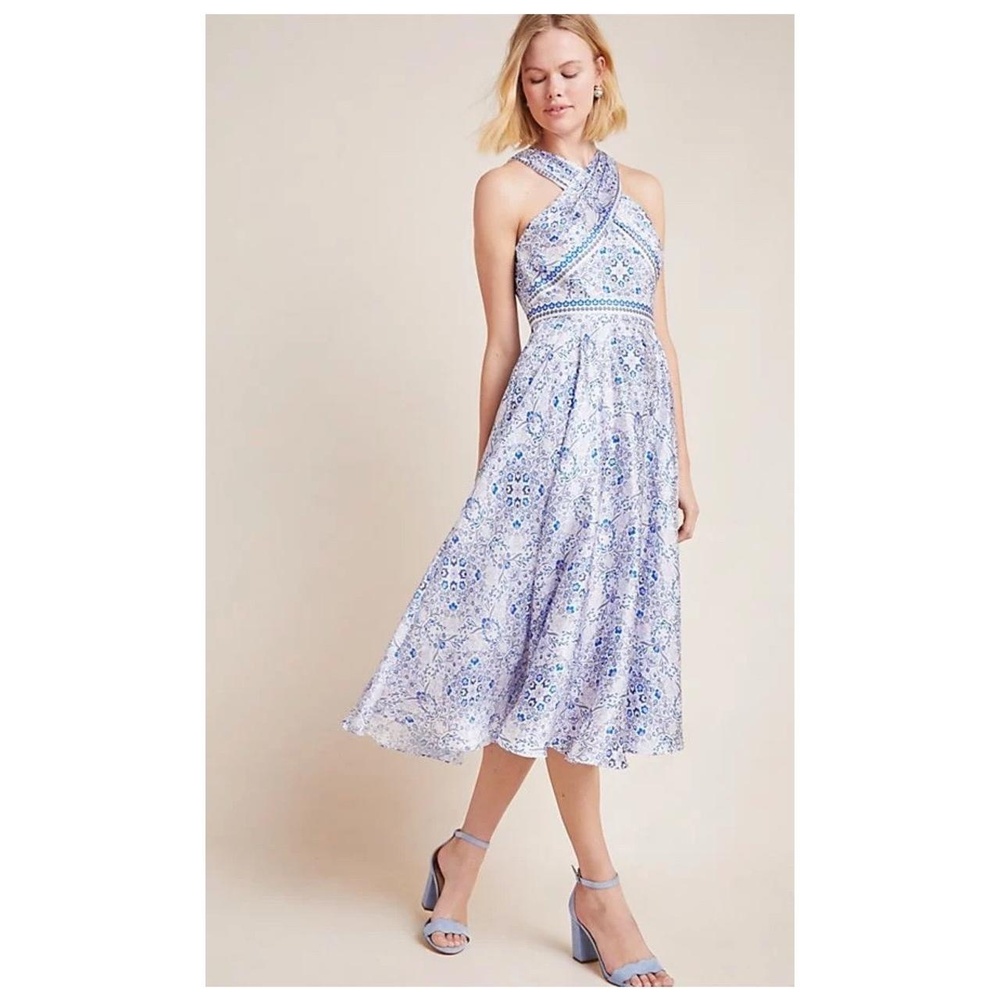 ML Monique Lhuillier cocktail halter floral midi dress size 8 wedding guest